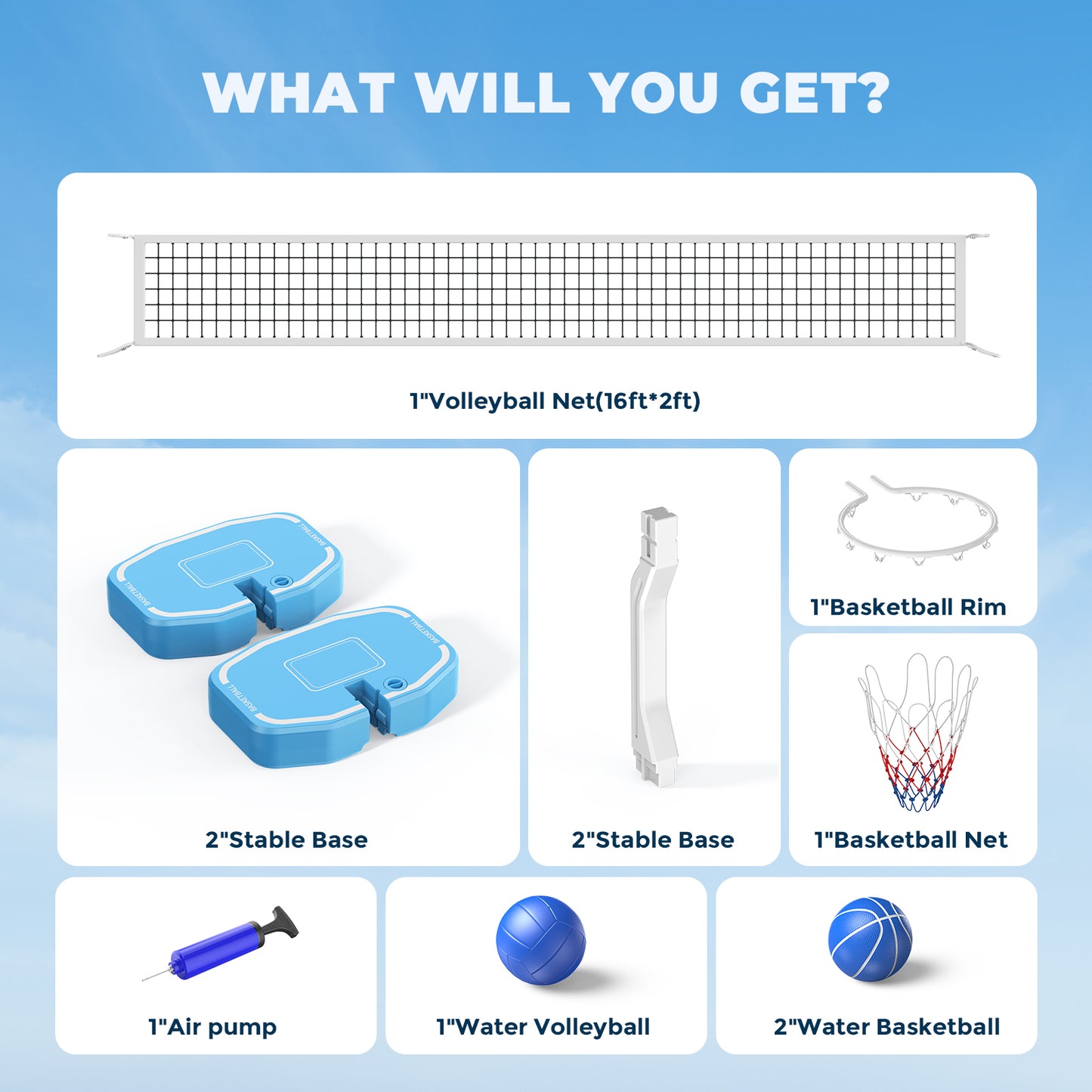 2-in-1 Pool Volleyball Net & Basketball Hoop Set, Adjustable Pool Volleyball Net for Inground Pools, Poolside Basketball Hoop with Weighted Base, Includes 3 Balls & Pump, Outdoor Summer Water Games