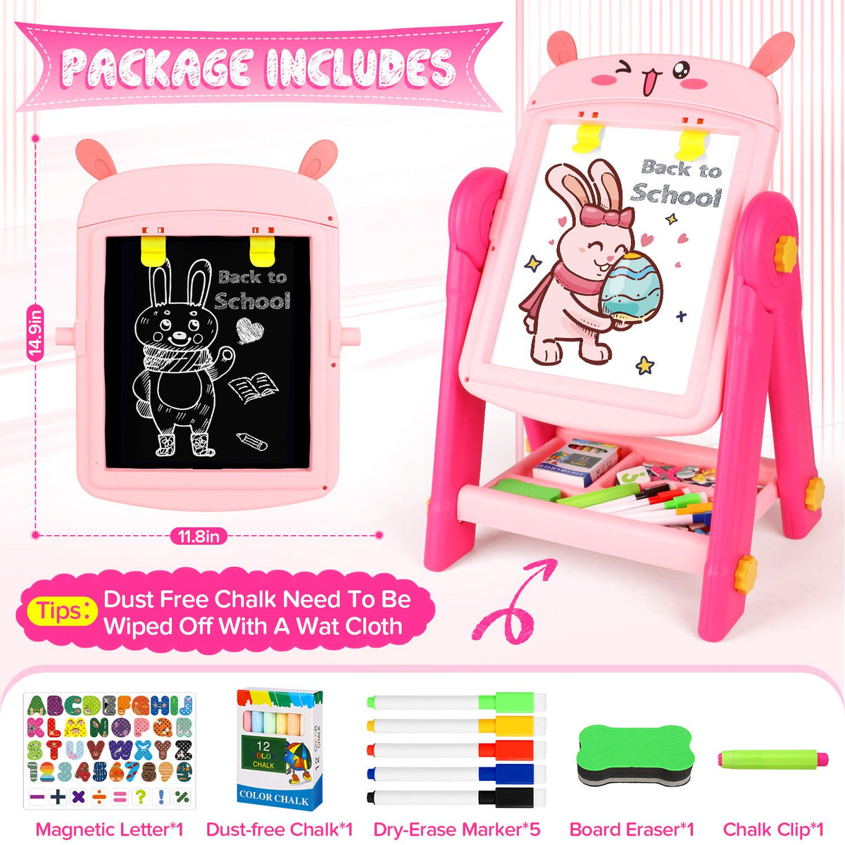 Easel for Kids, Pink Rabbit Toddler Easel, Double-Sided Magnetic Whiteboard & Chalkboard, Toddler Art Set Educational Drawing Easel Gift for 2-6 Year Old Girls.