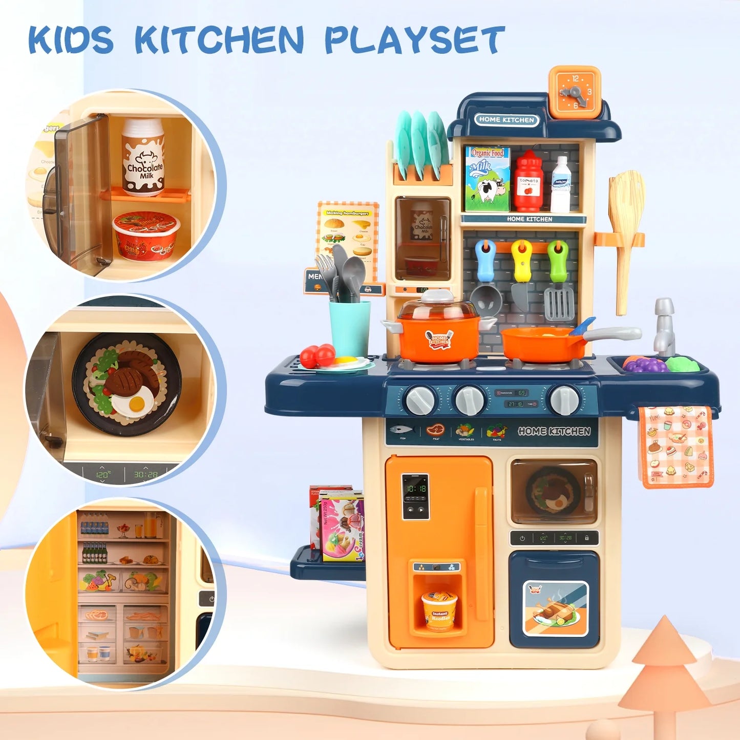 Kids Kitchen Play Set Toys for Kids Ages 3 4 5 6+, Pretend Play Toys with Realistic Lights&Sounds, Simulation of Spray and Play Sink, Birthday Christmas Gifts for Boys Age 3+ (Blue)