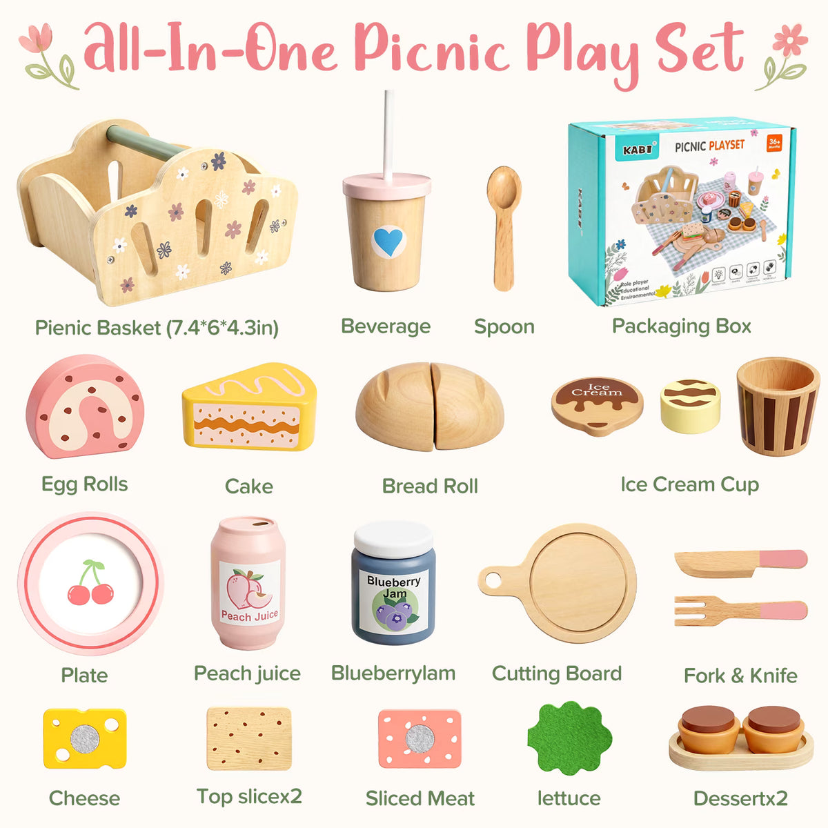 Wooden Play Food Picnic Set, Pretend Play Toy for Girl 3-6 Years Old, Wooden Kitchen & Tea Party Playset with Storage Basket, Toddler Girls Christmas Birthday Gift.