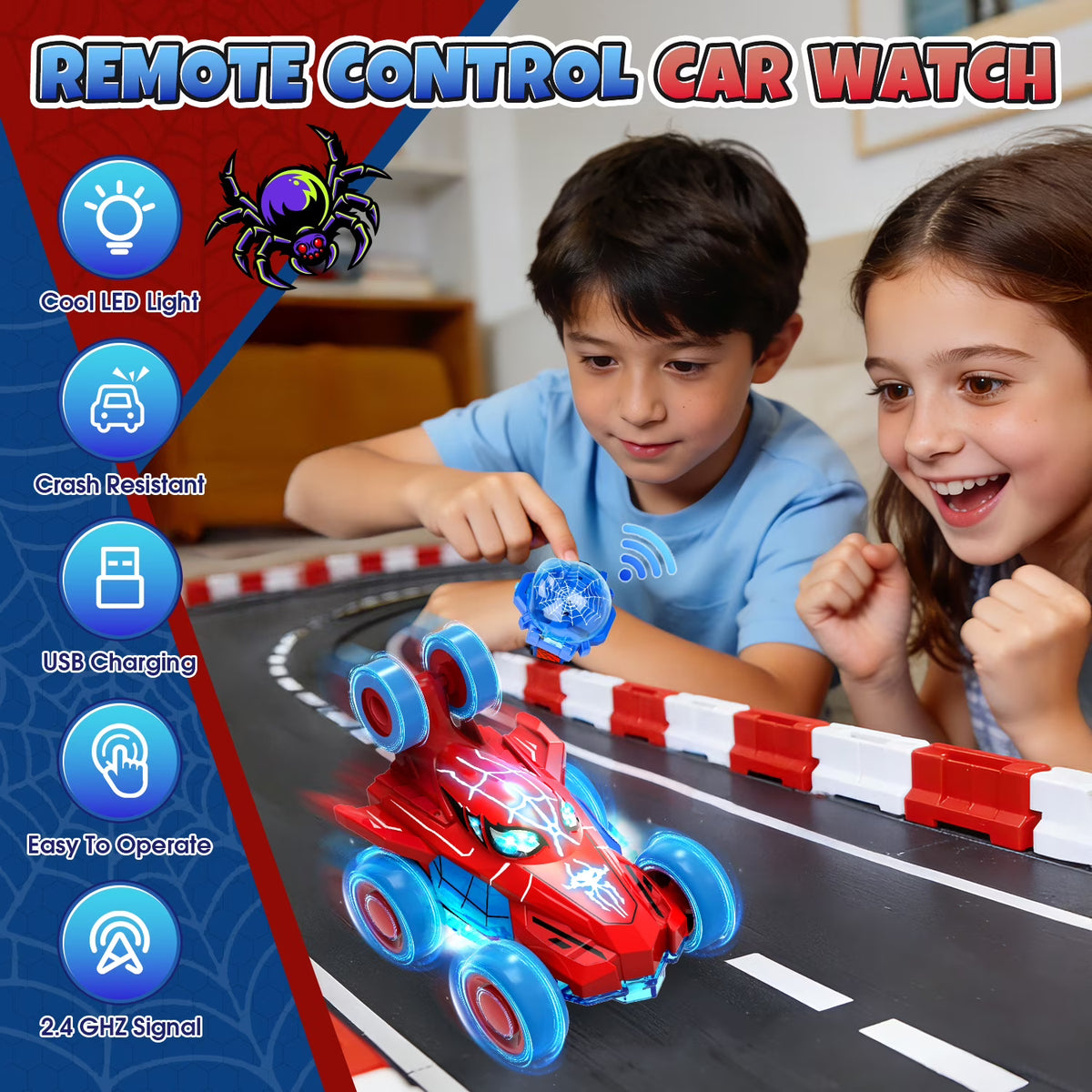 RC Watch Car Toy with LED Lights, Spider Design Tiny Car, Toys for Toddlers Boys 3 4 5 6 7, Ideal Christmas Birthday Gift for Kids Boys Girls Ages 3-6.