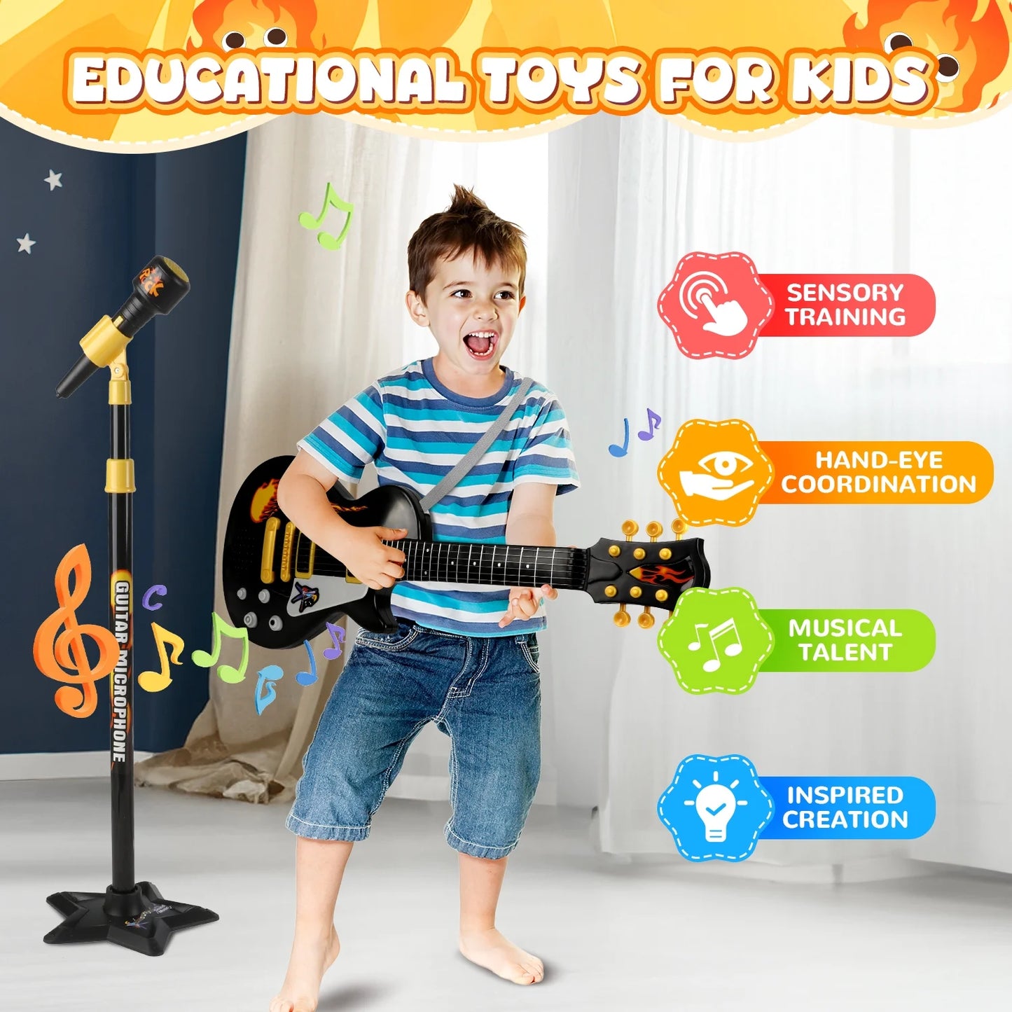 Kids Toy Guitar for Toddlers Ages 3 4 5 6 Years, Cool Black Toy Guitar Set with Microphone And Adjustable Stand, Musical Instrument Christmas and Birthday Gift for Boys Girls.