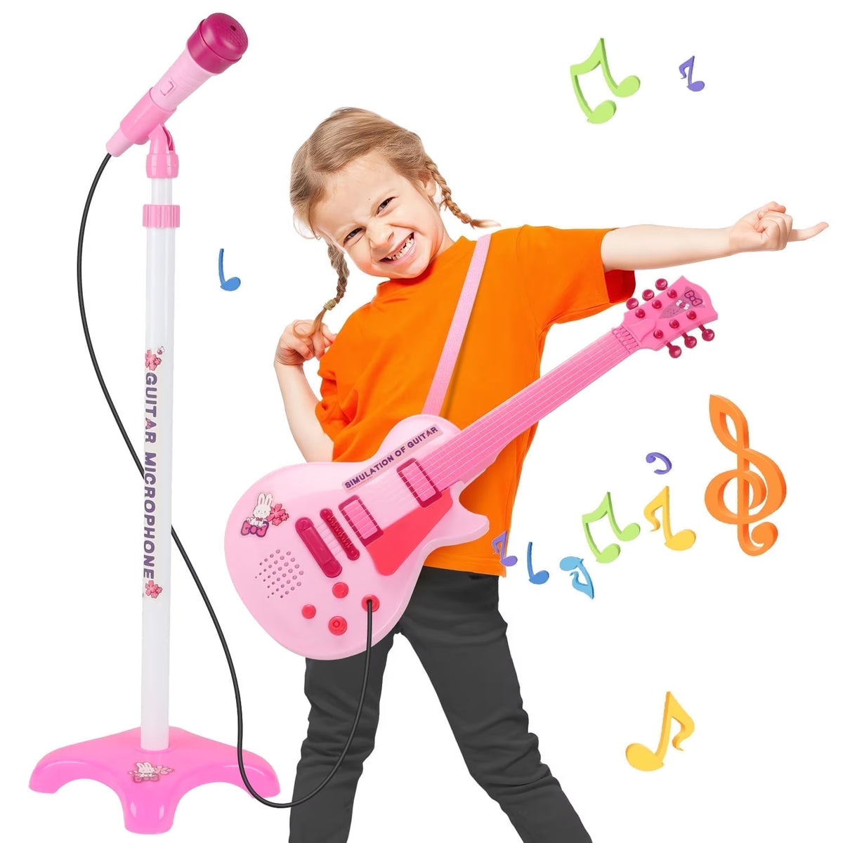 Kids Toy Guitar for Toddlers Ages 3 4 5 6 Years, Pink Toys Guitar Set, with Microphone And Adjustable Stand, Musical Instrument Christmas Birthday Gift for Boys Girls.
