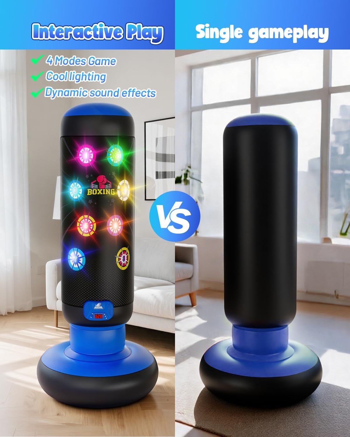 HopeRock Punching Bag for Kids, Boxing Set with Scoring, Light, Music, 4 Game Modes, Inflatable Boxing Bag with Gloves, Birthday Gifts Toys for 4-8-12 Years Old Boys