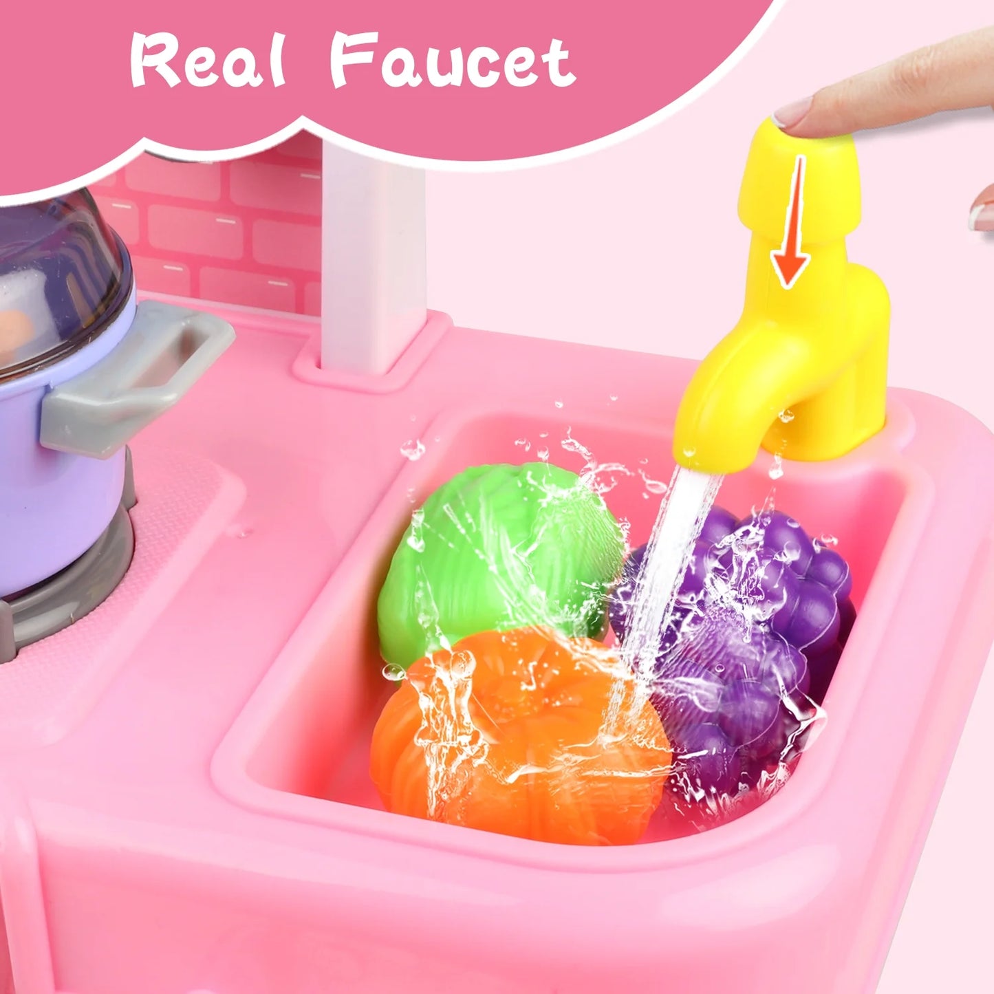 Kids Pretend Play Kitchen Set for Toddler Girls Ages 3 4 5 6 Years, Kitchen Toys with Realistic Sounds, Lights, Cooking Stove, Sink, and Play Food, Birthday Christmas Gifts for Girls Age 3+.