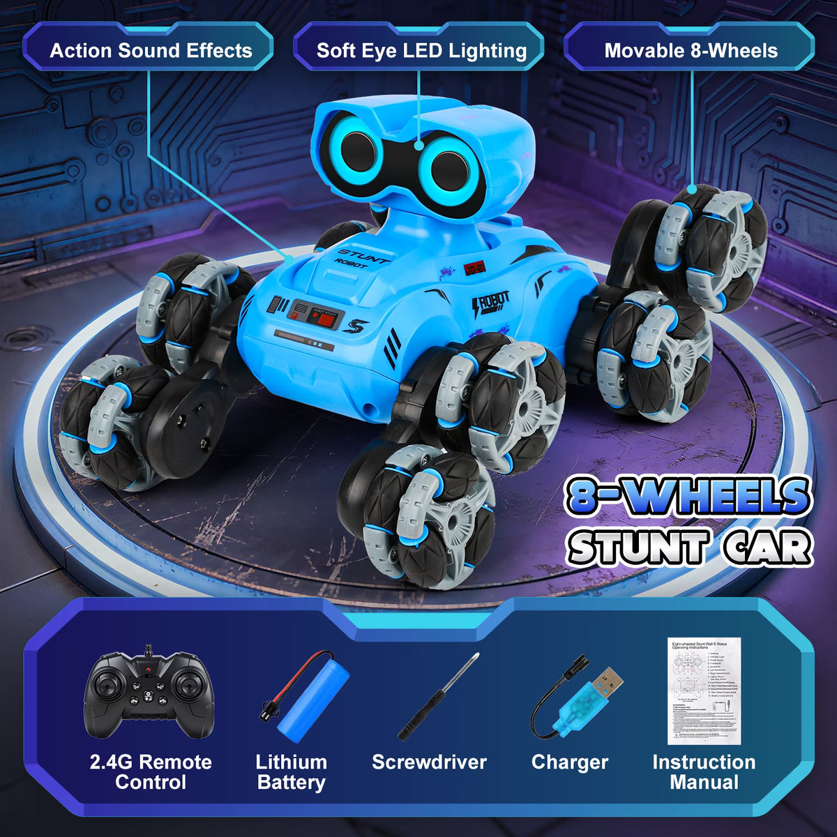 RC Stunt Car Robot Toy for Boys Ages 2-6, 8-Wheel with LED Eye Lights, Music, Dance, All-Terrain & 360° Spins, Remote Control Robot Christmas Birthday Gift for Boys 3-12 Years Old.