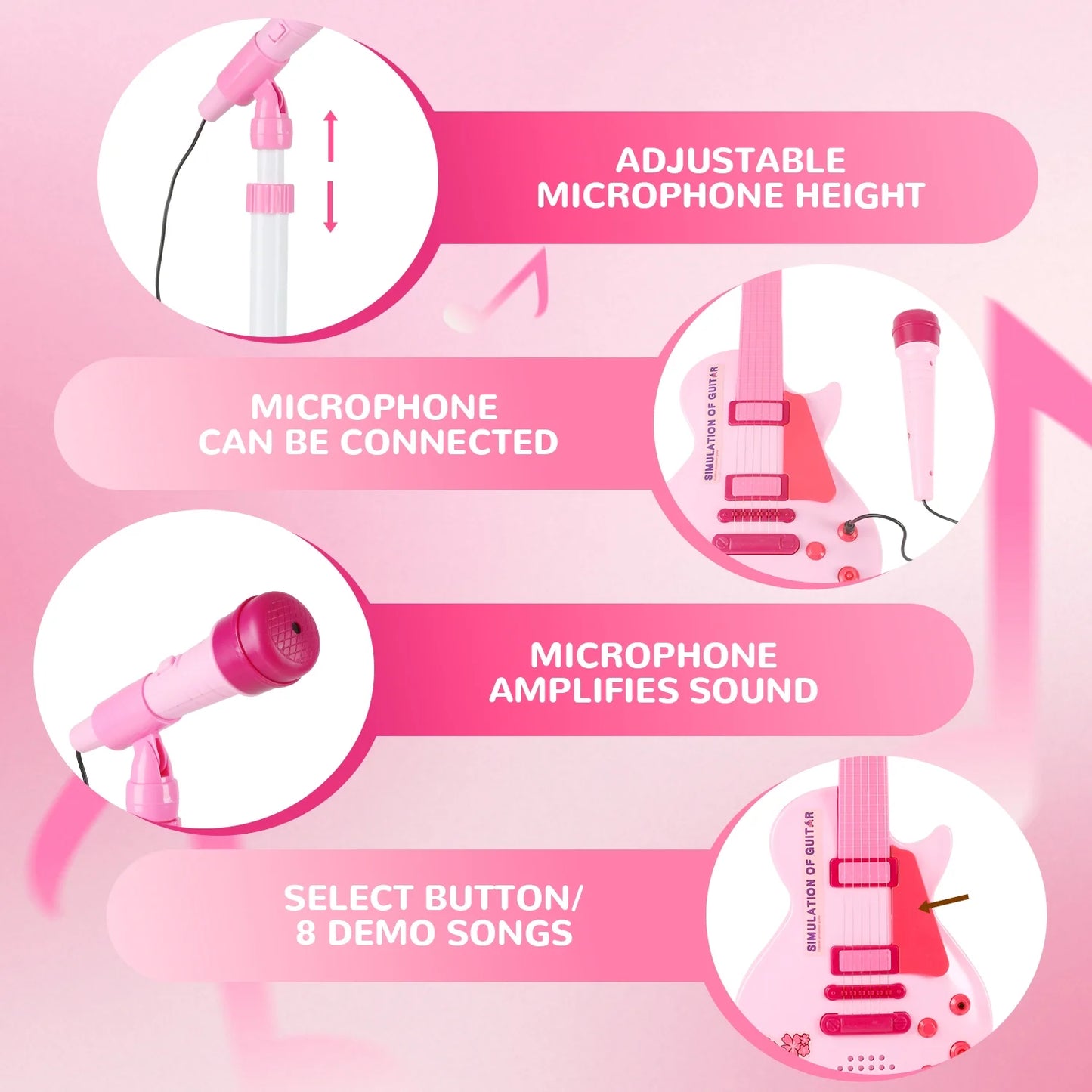 Kids Toy Guitar for Toddlers Ages 3 4 5 6 Years, Pink Toys Guitar Set, with Microphone And Adjustable Stand, Musical Instrument Birthday Christmas Gift for Boys Girls.