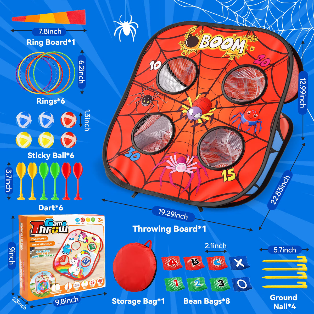 5-in-1 Bean Bag Toss Game, Foldable Spider Web Corn Hole Bags Set, Outdoor Games for Kids 3-8, Christmas Birthday Gift for Boys Girls Ages 3+.