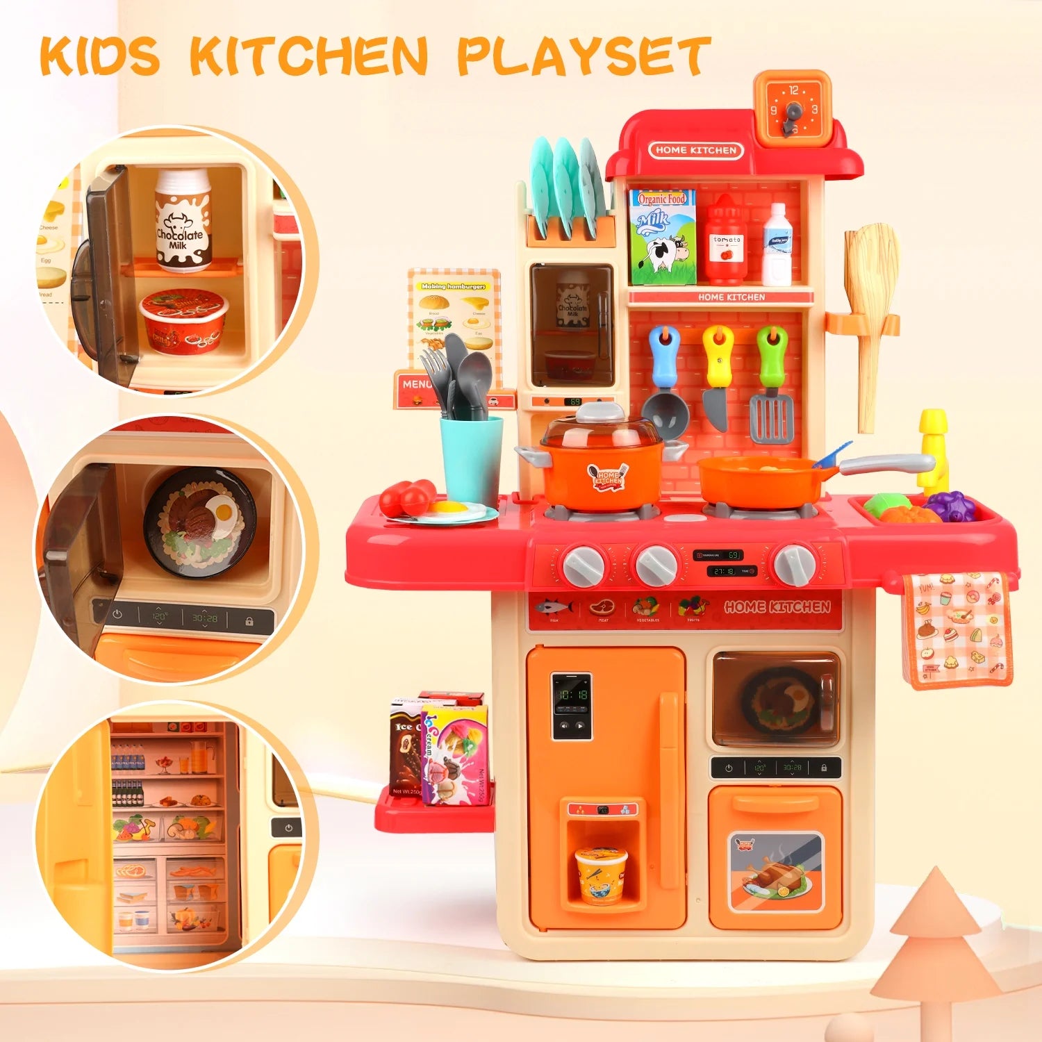 Kids Play Kitchen Set With Realistic Sounds & Lights - Cooking Toy With Sink, Stove & Food Accessories