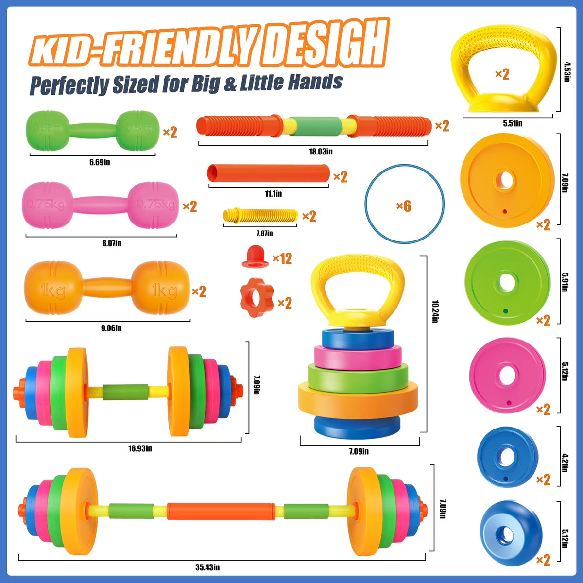 3-in-1 Kids Exercise Equipment Set - Toddler Weights Gym with Kettlebell, Barbell & Dumbbell, Water-Fillable Plastic Kids Weight Set for Home Gym