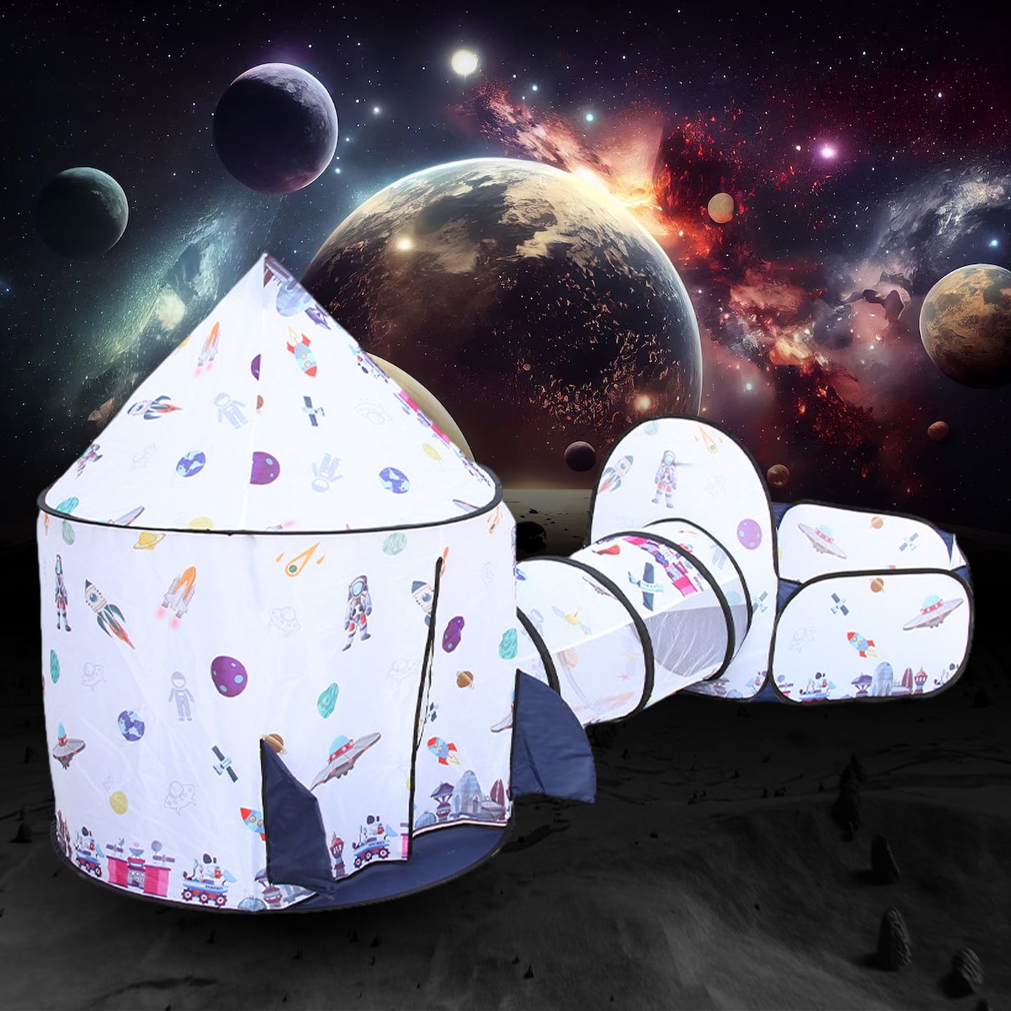 Kids Tent Rocket Ship Family Fun Park - Foldable Astronaut Space Themed Indoor & Outdoor Play Set, Birthday Gift for Boys Girls Age 3-8