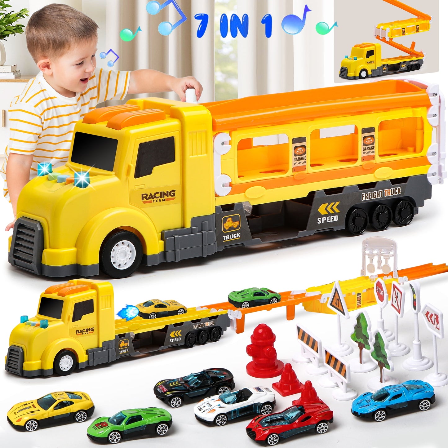 Car Carrier Truck for Kids Age 3-8 Sound & Light Transport 7 in 1 Vehicle Playset Racing Game w/ Launch Track
