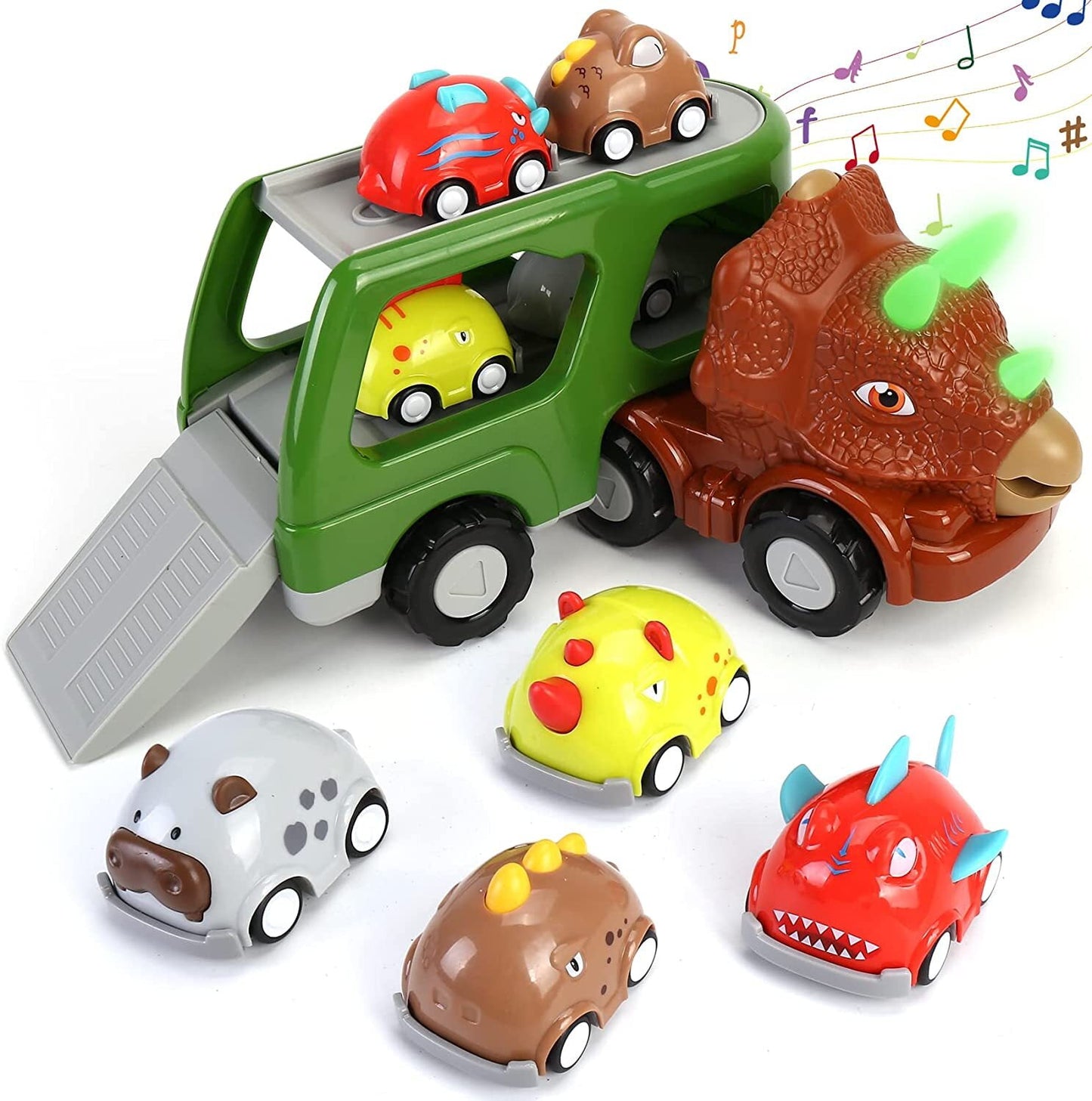 Car Toy for 2 3 4 5 Years Old Boys Girls, with 4 Pack Small Pull Back Dino Car, Transport Carrier Truck Set Christmas Birthday Gift for 18M+ Kids Toddler