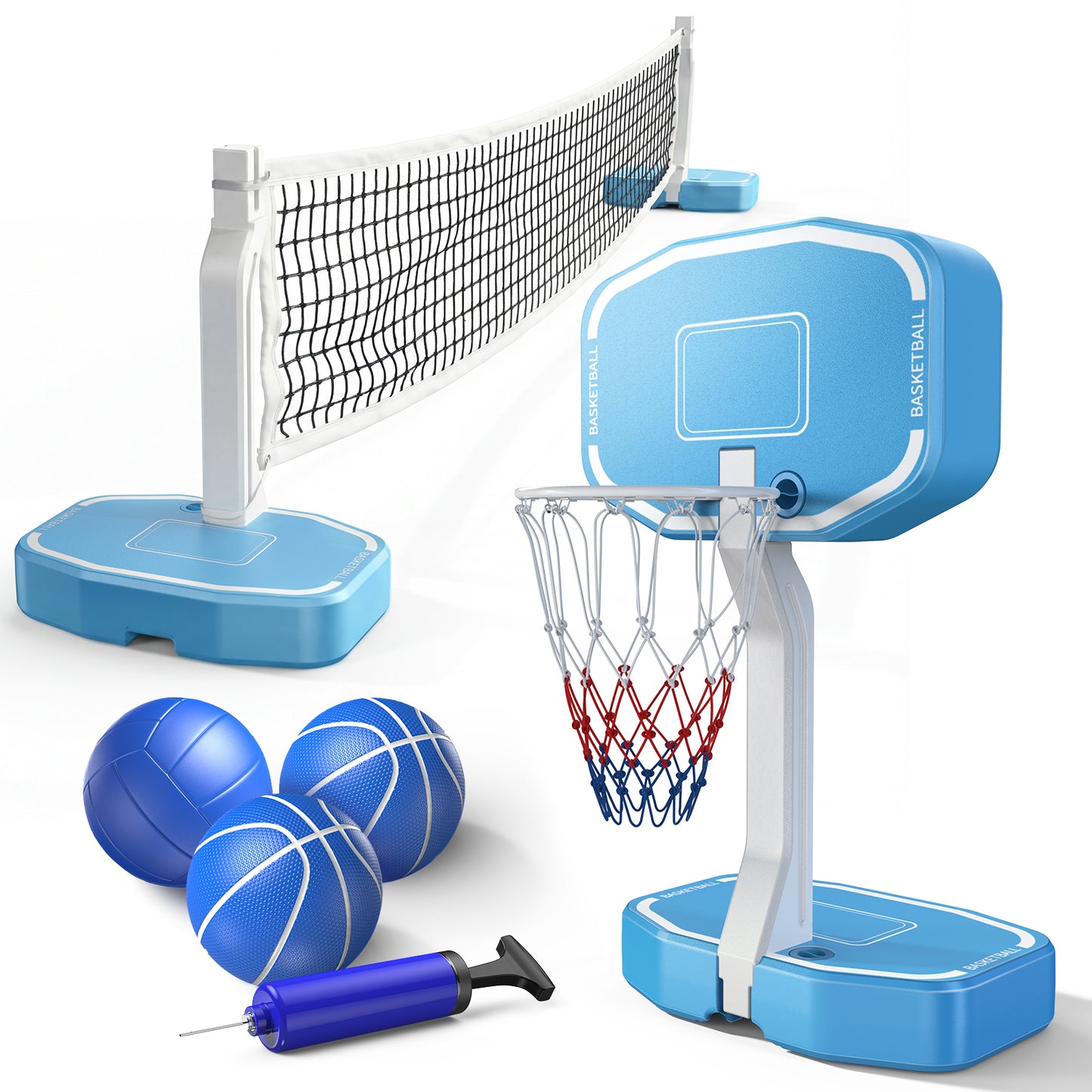 2-in-1 Pool Volleyball Net & Basketball Hoop Set, Adjustable Pool Volleyball Net for Inground Pools, Poolside Basketball Hoop with Weighted Base, Includes 3 Balls & Pump, Outdoor Summer Water Games