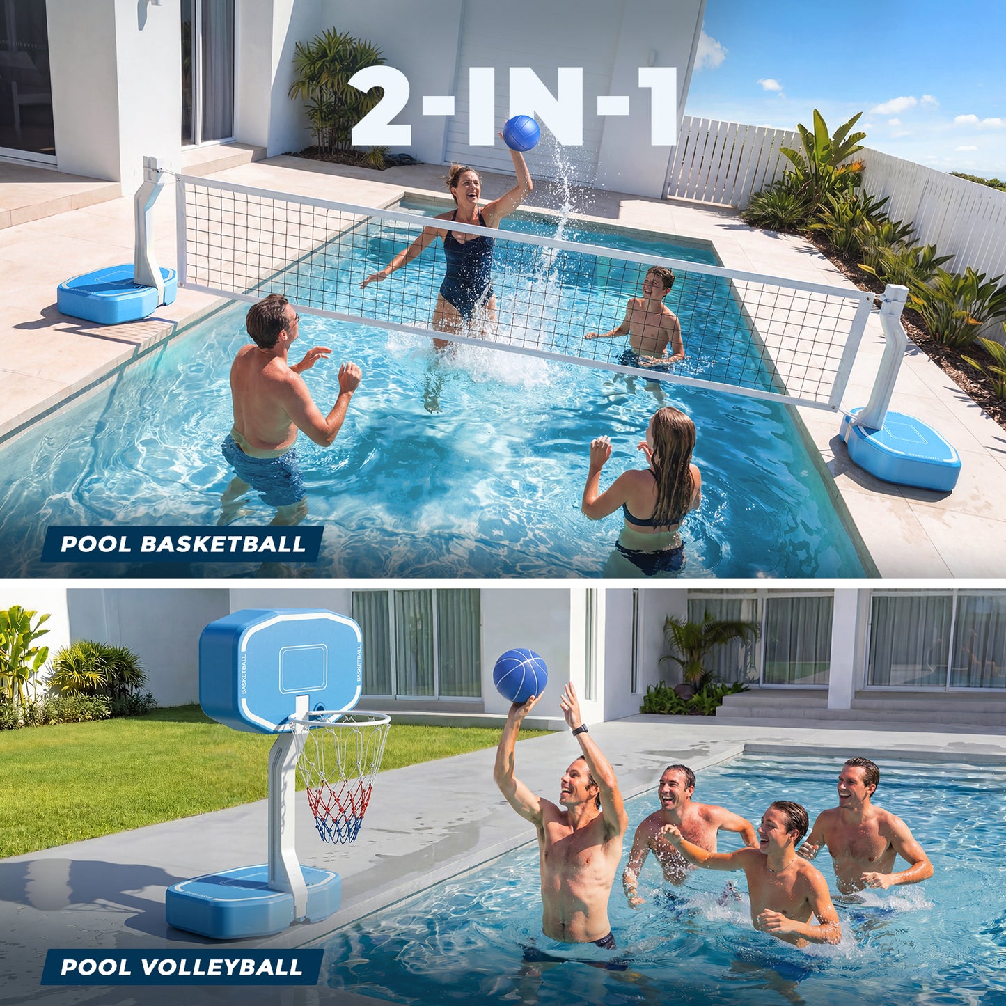 2-in-1 Pool Volleyball Net & Basketball Hoop Set, Adjustable Pool Volleyball Net for Inground Pools, Poolside Basketball Hoop with Weighted Base, Includes 3 Balls & Pump, Outdoor Summer Water Games