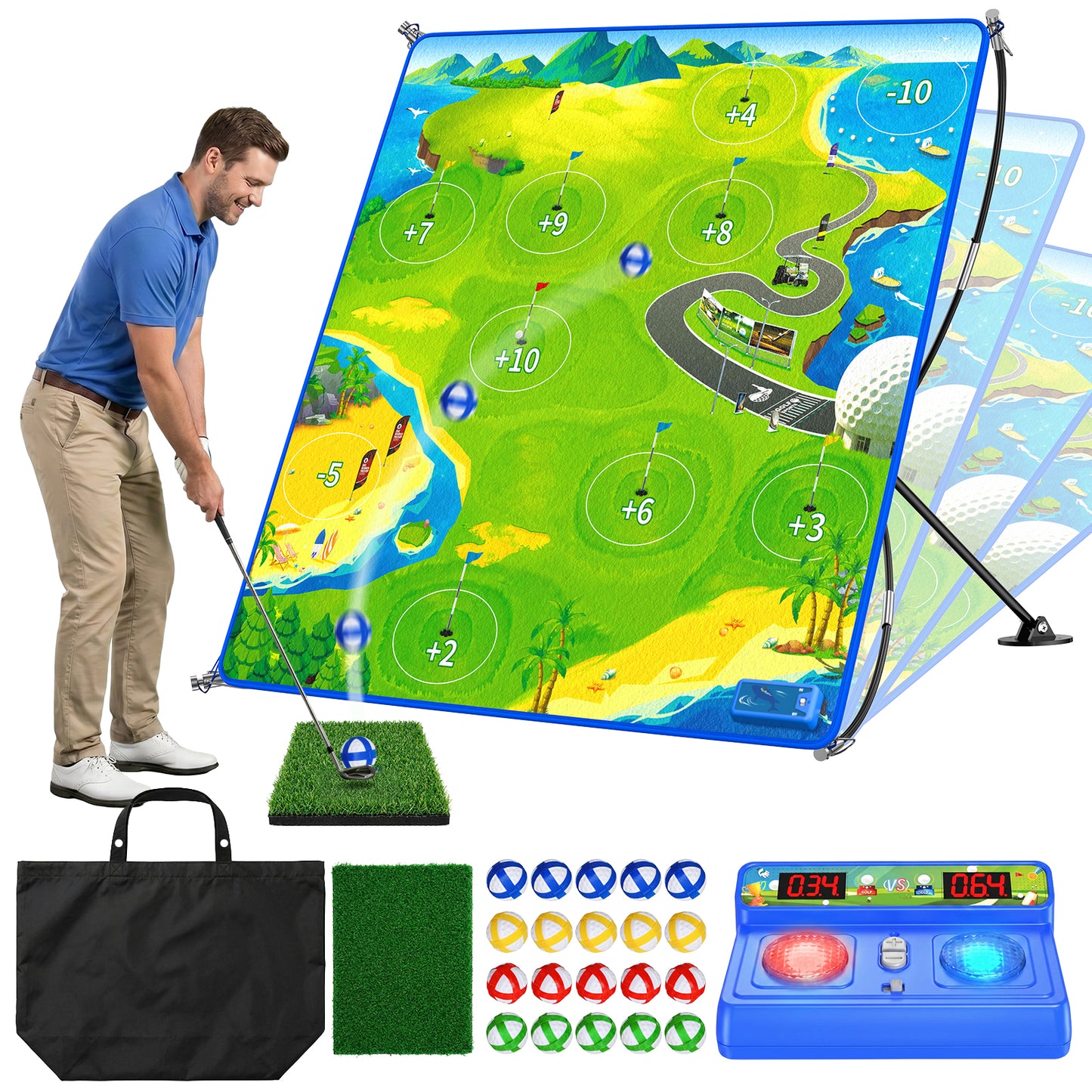 HopeRock Electronic Scoring Golf Chipping Game Set - 60" Target Mat with 4-Level Adjustable Stand & Sticky Balls, 2 Game Modes, Indoor Outdoor Backyard Yard Games for Adults & Family, Kids Golf Gifts