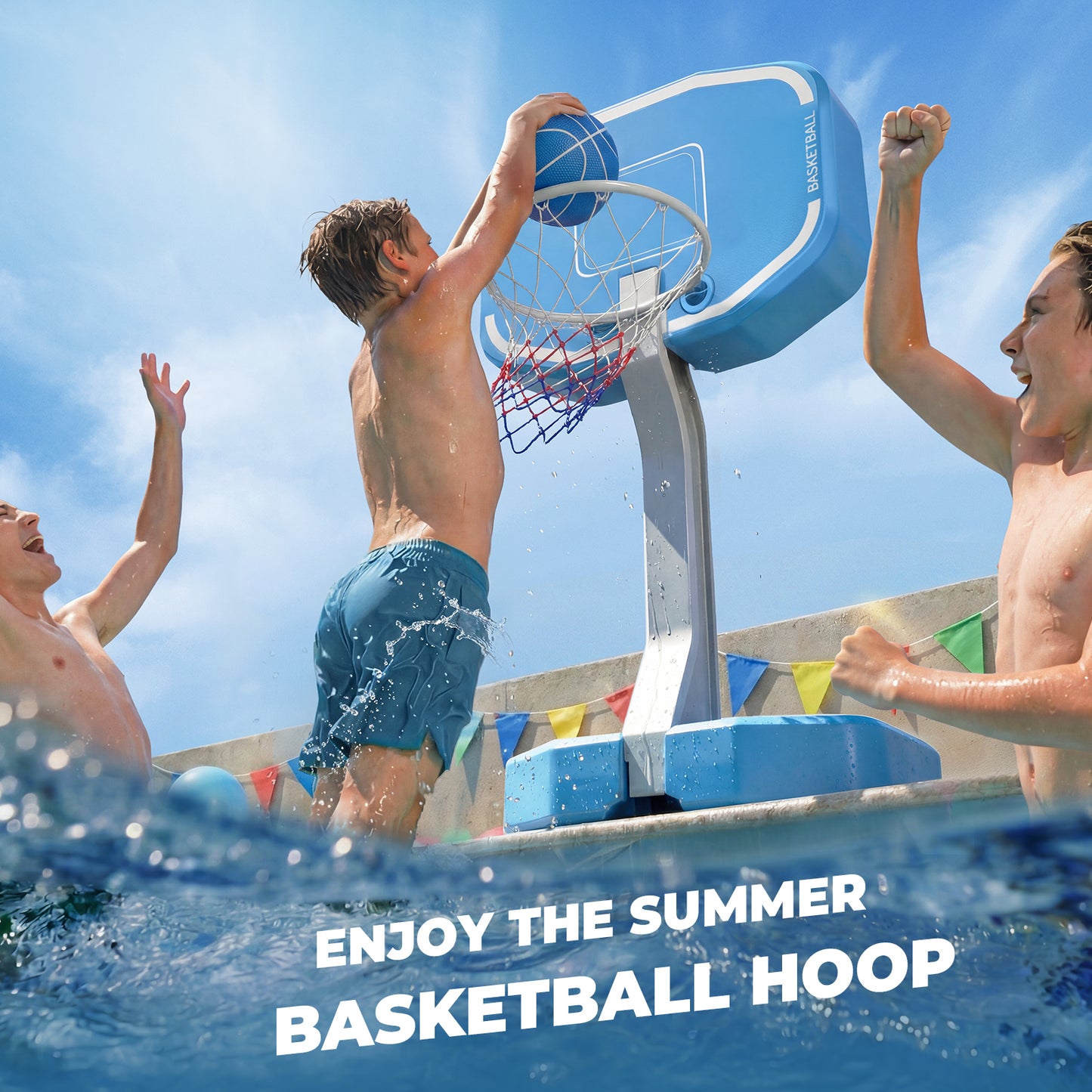 2-in-1 Pool Volleyball Net & Basketball Hoop Set, Adjustable Pool Volleyball Net for Inground Pools, Poolside Basketball Hoop with Weighted Base, Includes 3 Balls & Pump, Outdoor Summer Water Games