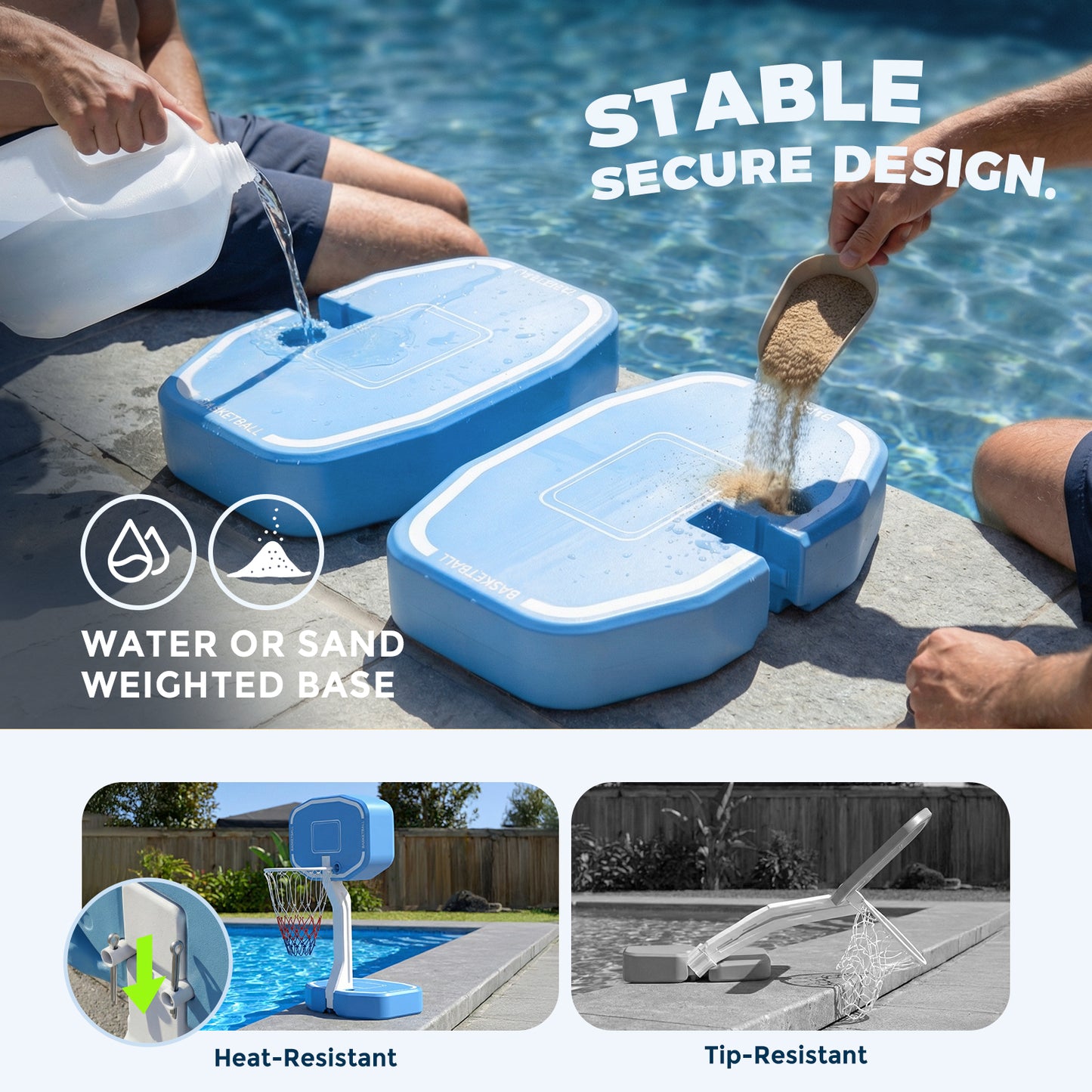 2-in-1 Pool Volleyball Net & Basketball Hoop Set, Adjustable Pool Volleyball Net for Inground Pools, Poolside Basketball Hoop with Weighted Base, Includes 3 Balls & Pump, Outdoor Summer Water Games