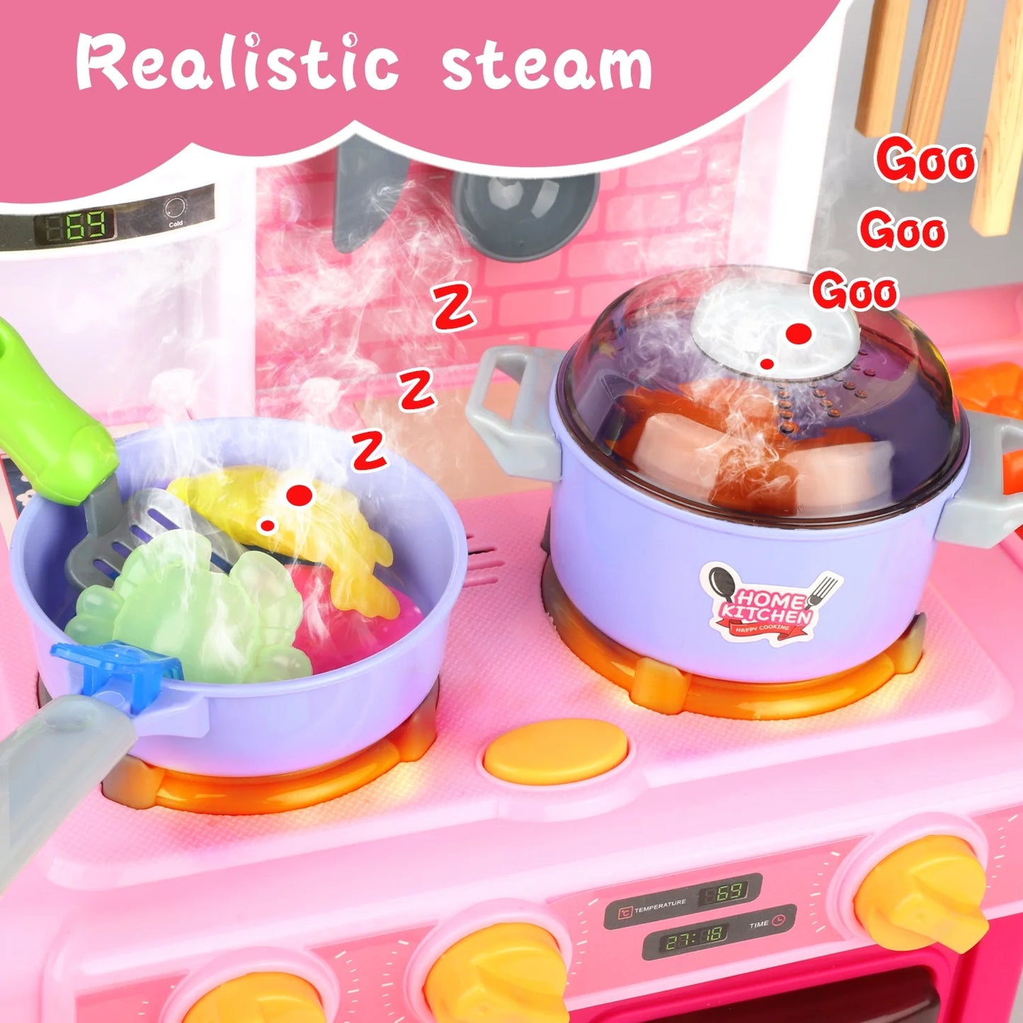 Kids Pretend Play Kitchen Set for Toddler Girls Ages 3 4 5 6 Years, Kitchen Toys with Realistic Sounds, Lights, Cooking Stove, Sink, and Play Food, Birthday Christmas Gifts for Girls Age 3+.
