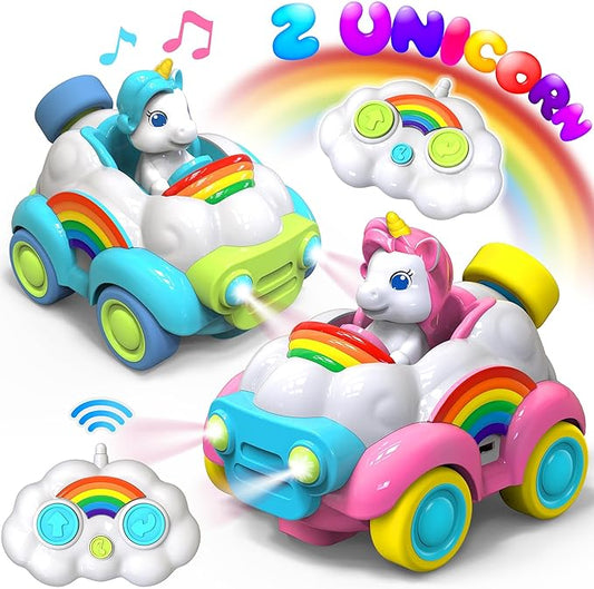 Toddler Remote Control Car Toys for 2 3 4 Year Old Boys and Girls,2 Pack Unicorn RC Cars with LED Lights,Music & Sound（Blue and Pink）