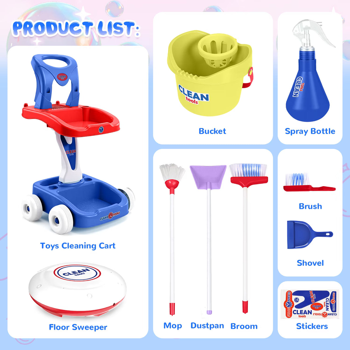 Kids Cleaning Set for Toddlers Ages 3-6, Pretend Play Housekeeping Cart with Mop Broom Dustpan Spray Bottle Bucket and Toy Vacuum, Red Blue.