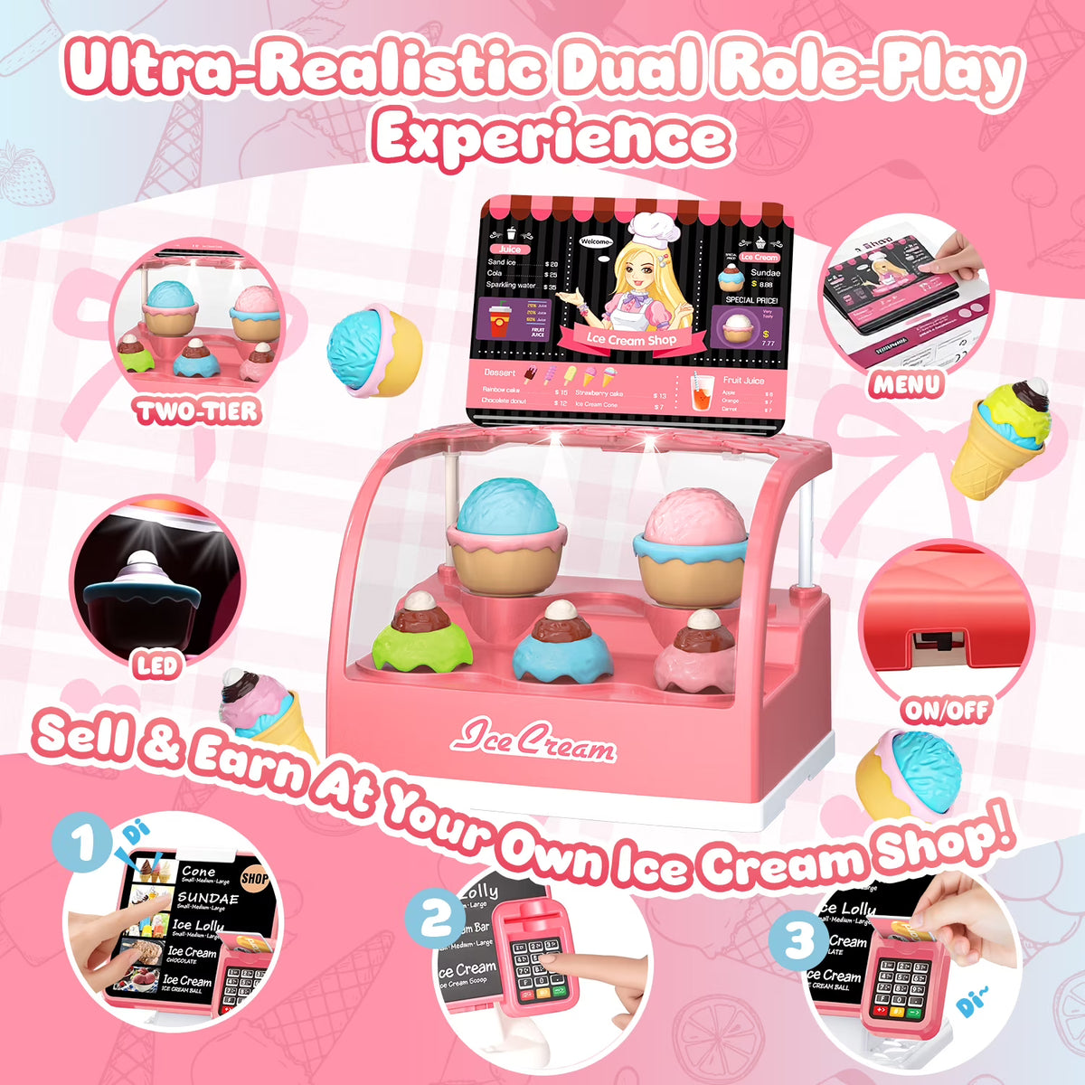 Ice Cream Station Toys for Kids, Play Food Cashier Toys for Girl Ages 3 4 5 6 Years, Christmas Birthday Gift for Girls.