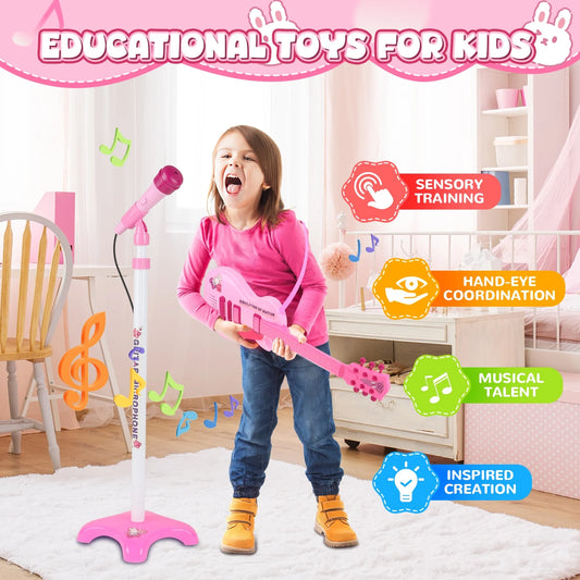 Kids Toy Guitar for Toddlers Ages 3 4 5 6 Years, Pink Toys Guitar Set, with Microphone And Adjustable Stand, Musical Instrument Birthday Christmas Gift for Boys Girls.
