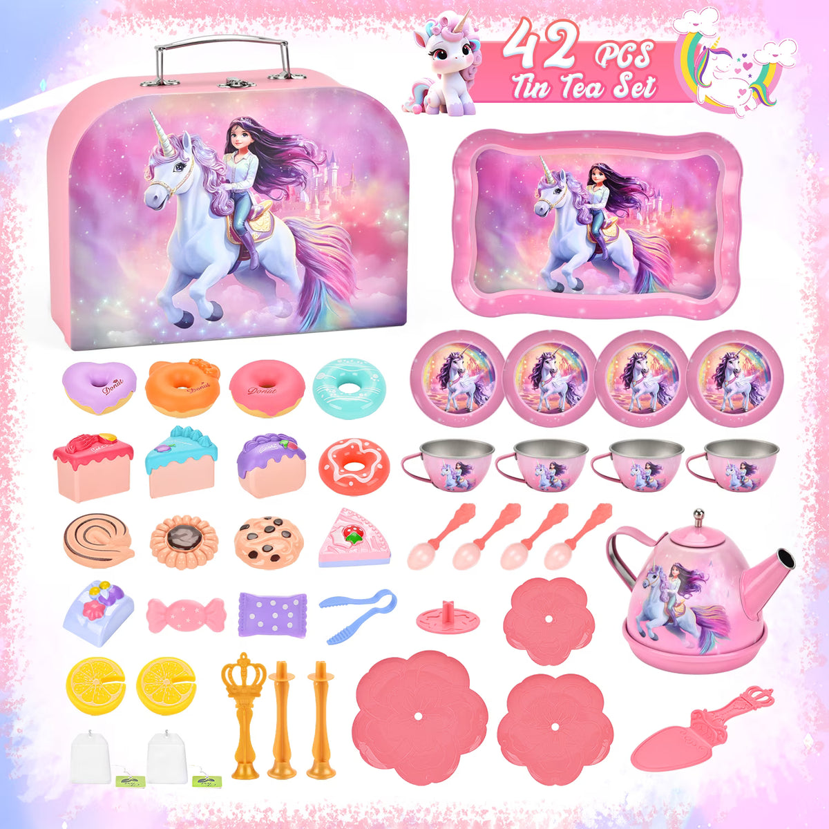 Tea Party Set for Little Girls, 42PCS Unicorn Toys for Girls Ages 3 4 5 6 Years, Pink Pretend Play Toys Set for Girls Birthday Gifts.