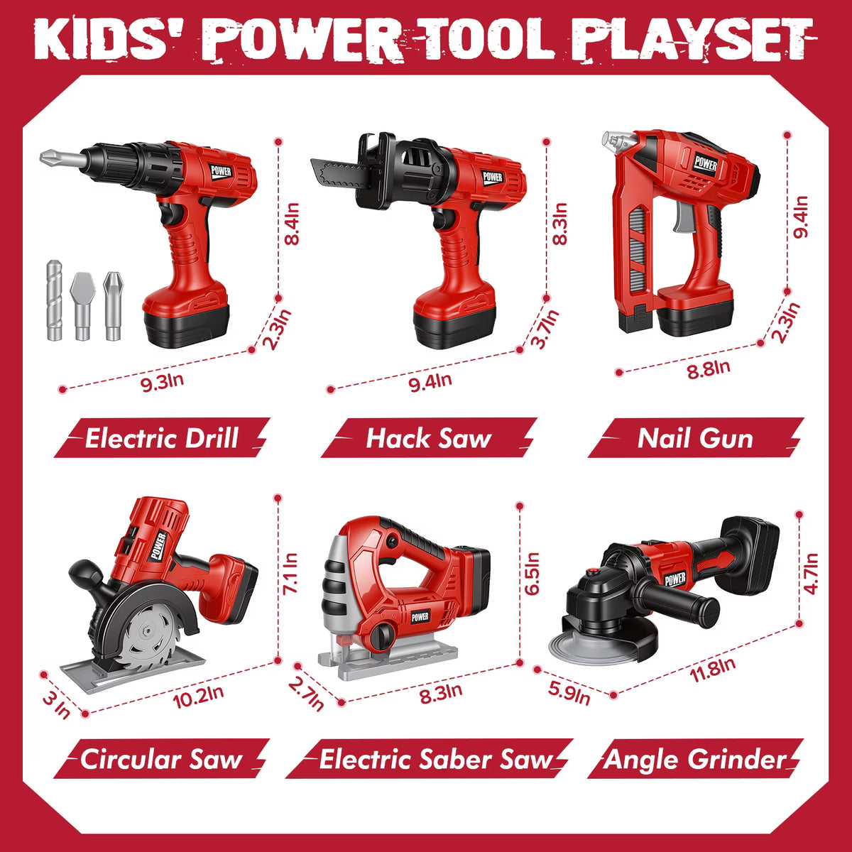 Kids Tool Set, 6-in-1 Toy Tool Set with Pretend Power Tools, Toy Drill, Toy Saw, Nail Gun and Angle Grinder for Kids Ages 3+.