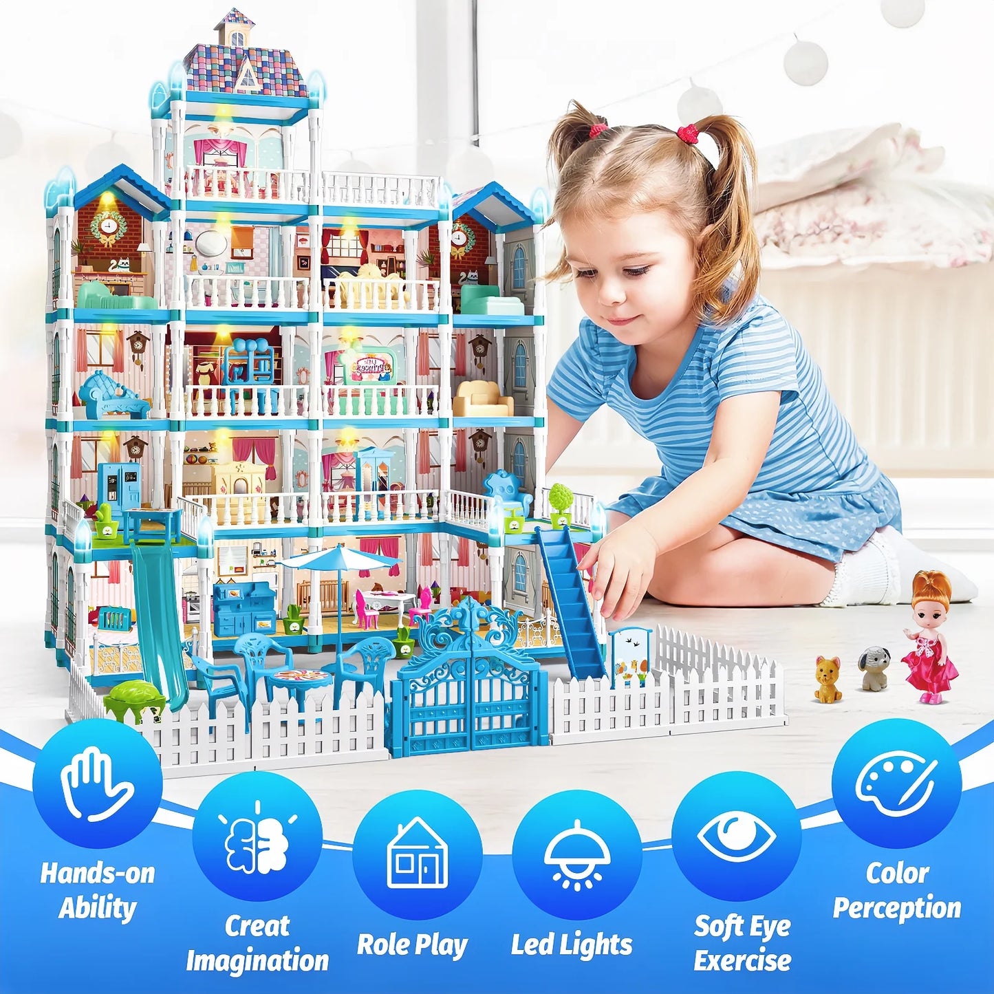 379 Pcs Princess Dollhouse for Girls, Light up Frozen Garden DIY Set, 17 Rooms w/ Doll, Puppies, Furniture, Accessories, Toddler Birthday Christmas Playhouse Gift Toys for Girls 3 4 5 6+