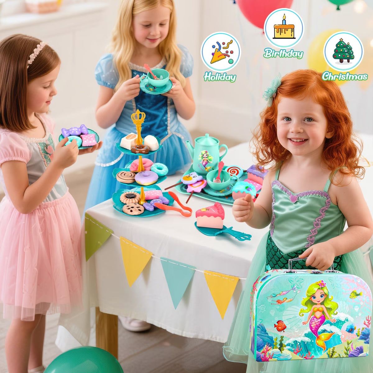 42PCS Mermaid Tea Party Set for Little Girls, Pretend Play Toys for Toddlers Girls Ages 3 4 5 6 Years, Birthday Gifts for Kids Girls 3-6 Years Old.