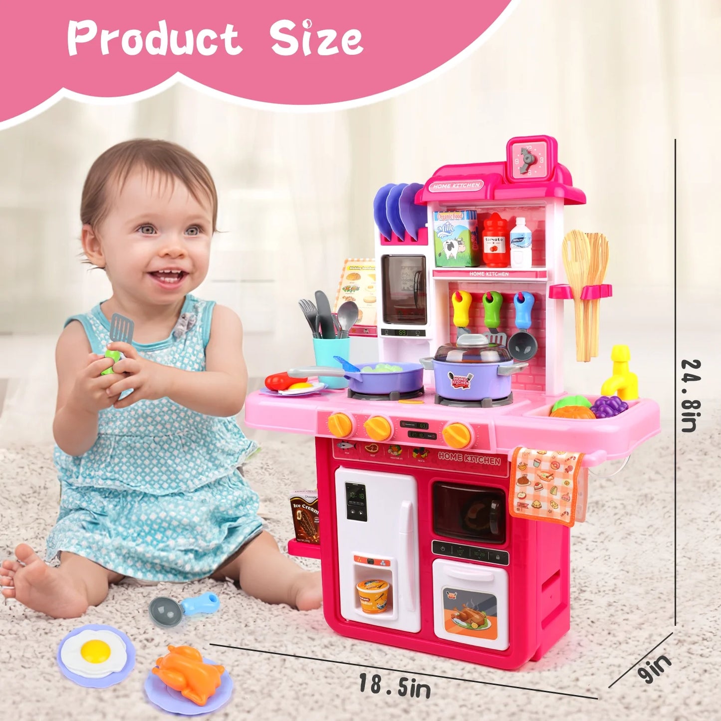 Kids Pretend Play Kitchen Set for Toddler Girls Ages 3 4 5 6 Years, Kitchen Toys with Realistic Sounds, Lights, Cooking Stove, Sink, and Play Food, Birthday Christmas Gifts for Girls Age 3+.