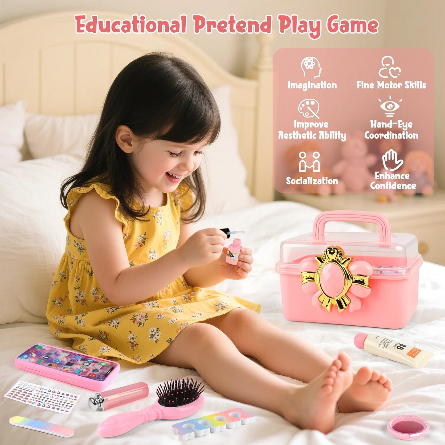 28PCS Pretend Play Makeup Toy Set, Toys for Kids Girls Ages 3-6 Years, with Accessories, Toy Phone, Toy Car Key, Mirror And More, Birthday Gift for Kids Girl.