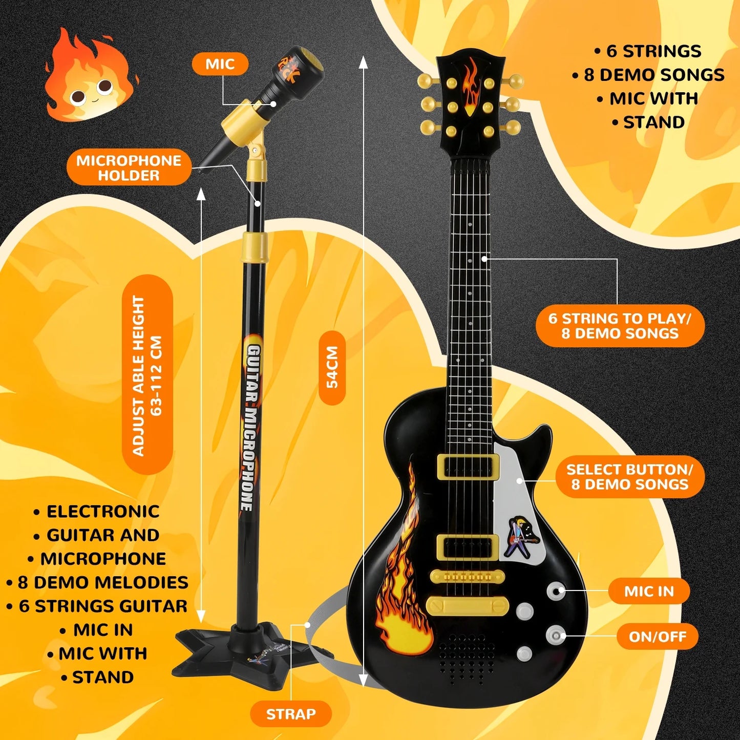 Kids Toy Guitar for Toddlers Ages 3 4 5 6 Years, Cool Black Toy Guitar Set with Microphone And Adjustable Stand, Musical Instrument Christmas and Birthday Gift for Boys Girls.