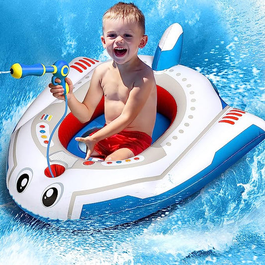 Inflatable Toddler Pool Float for Boys and Girls (Aged 3-12), Fun Family Outdoor Toys with Water Gun Ride-on Airplane Swimming Pool Toy