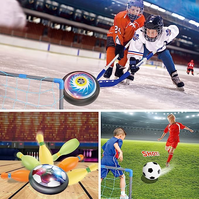 3-in-1 Hover Soccer Ball Hockey Bowling Set with LED Light,Indoor and Outdoor Toys for Kids Ages 3-12