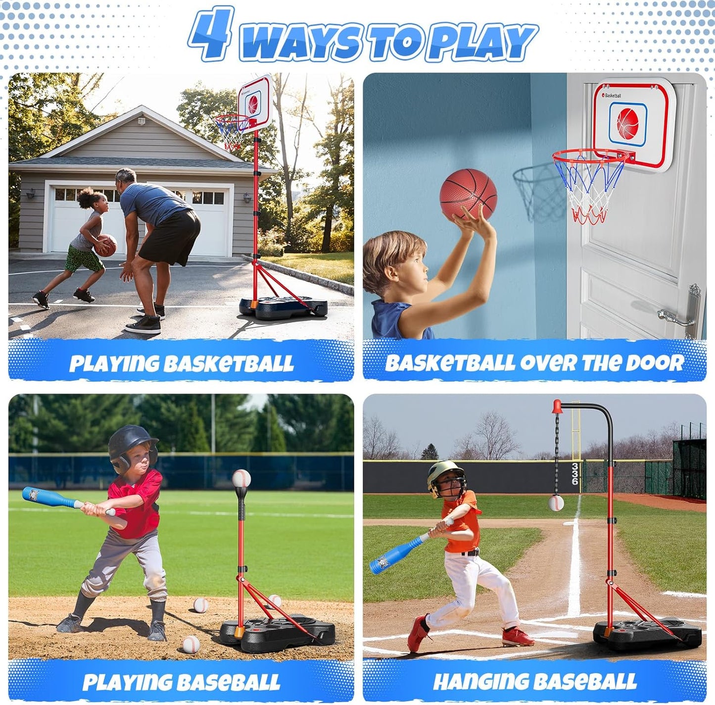 HopeRock 2 in 1 Kids Basketball Hoop and T Ball Set, Adjustable Basket Ball Stand,Hanging Tee Baseball for Toddlers Boys Girls Ages 2 3 4 5 6 7 8 Years Old, Outdoor Toys Gifts