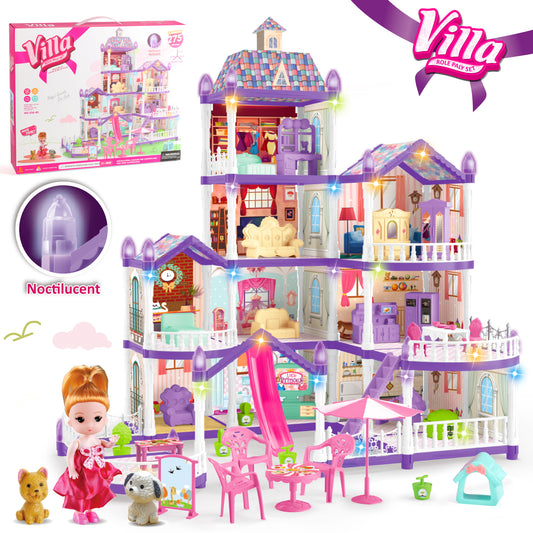 Dollhouse Kit for Girls Ages 3 4 5 6, 10 Room Princess Purple Castle DIY Building Toys, Birthday Christmas Pretend Play Gifts for Little Girls 3-6 Years.
