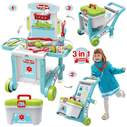 3-in-1 Kids Medical Cart, Doctor Kit for Toddlers Ages 2 3 4 5 6 Years, Pretend Play Dentist Play Kit for Toddlers Boy Girl, Birthday Christmas Gift