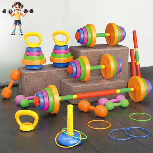 3-in-1 Kids Exercise Equipment Set - Toddler Weights Gym with Kettlebell, Barbell & Dumbbell, Water-Fillable Plastic Kids Weight Set for Home Gym