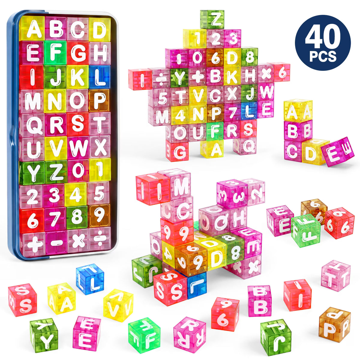 Magnetic ABC Blocks Toys, 40PCS Numbers and Letters STEM Toys for Kids 3-8, Montessori Learning Toys for Kids Ages 3+ Birthday Gift.