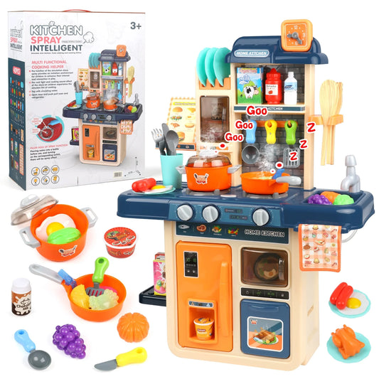 Kids Kitchen Play Set Toys for Kids Ages 3 4 5 6+, Pretend Play Toys with Realistic Lights&Sounds, Simulation of Spray and Play Sink, Birthday Christmas Gifts for Boys Age 3+ (Blue)