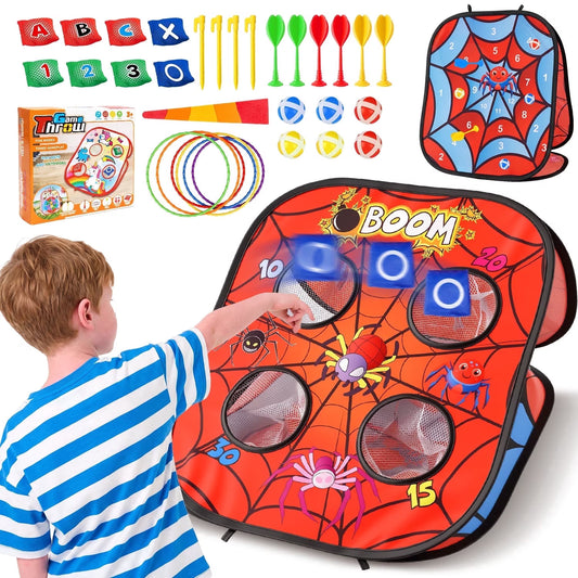 5-in-1 Bean Bag Toss Game, Foldable Spider Web Corn Hole Bags Set, Outdoor Games for Kids 3-8, Christmas Birthday Gift for Boys Girls Ages 3+.