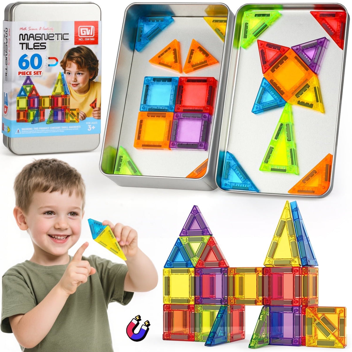 60PCS Magnetic Tiles, STEM Educational Toys for Kids Ages 3 4 5 6 7 8 Years Old, Magnetic Blocks, Portable, Iron Box, Birthday Gifts for Girls Boys.