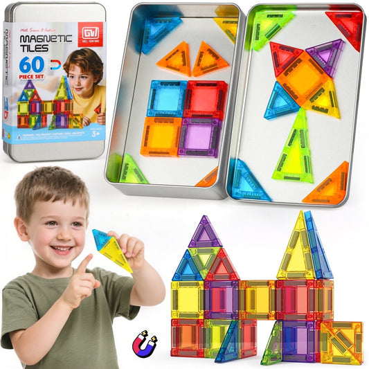 60PCS Magnetic Tiles, STEM Educational Toys for Kids Ages 3 4 5 6 7 8 Years Old, Magnetic Blocks, Portable, Iron Box, Birthday Gifts for Girls Boys.