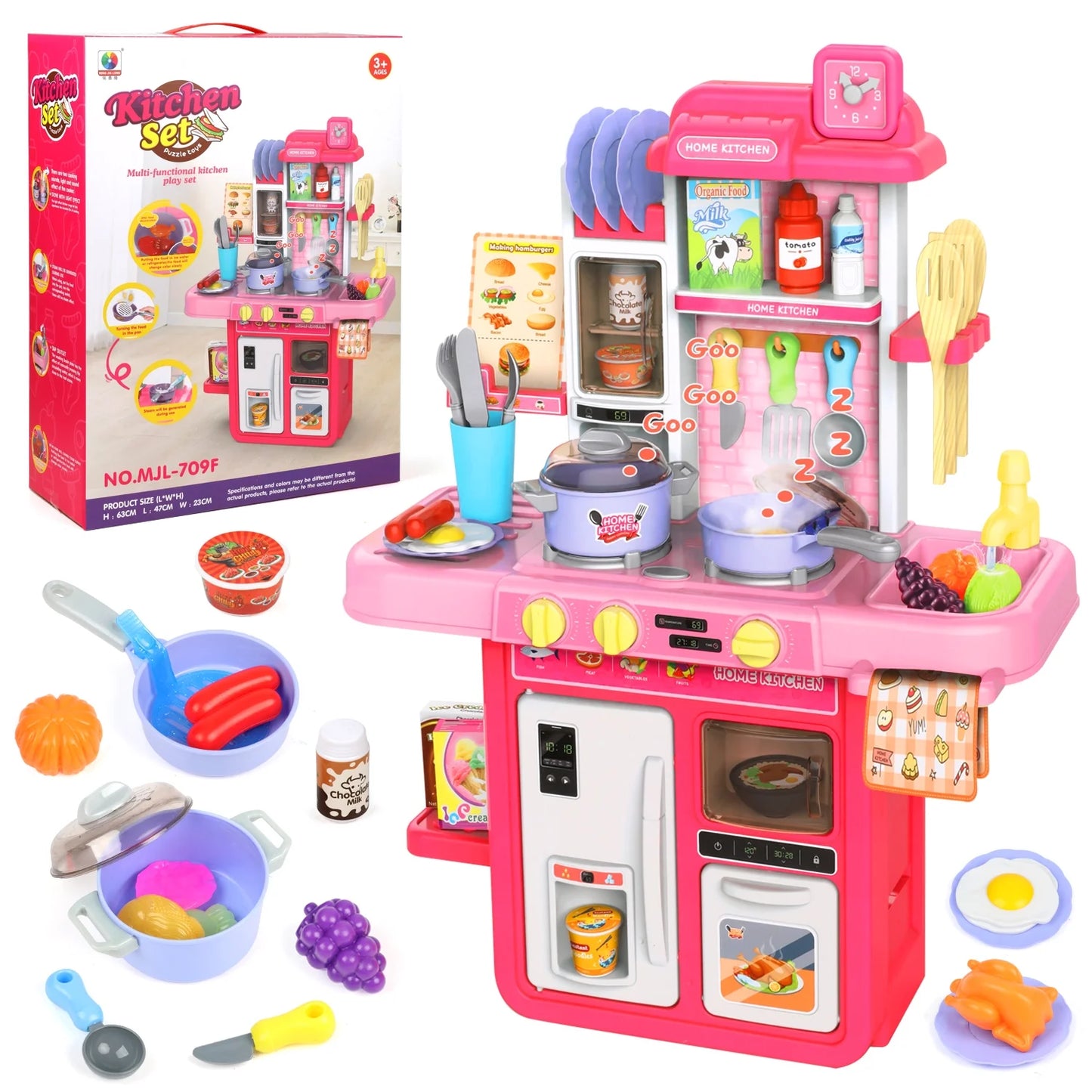Kids Pretend Play Kitchen Set for Toddler Girls Ages 3 4 5 6 Years, Kitchen Toys with Realistic Sounds, Lights, Cooking Stove, Sink, and Play Food, Birthday Christmas Gifts for Girls Age 3+.