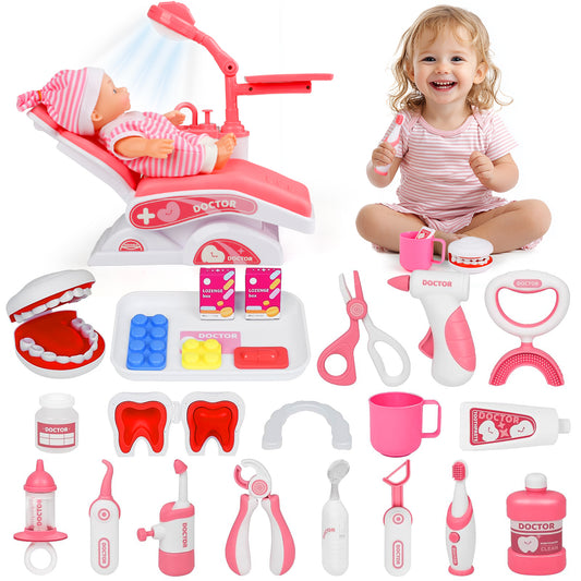 Kids Doctor Kit for Toddlers 3-5, 28PCS Pretend Doctor Kit Dentist Play Set Toys , Birthday Christmas Gifts for 3 4 5 6 Year Old Girls, Pink