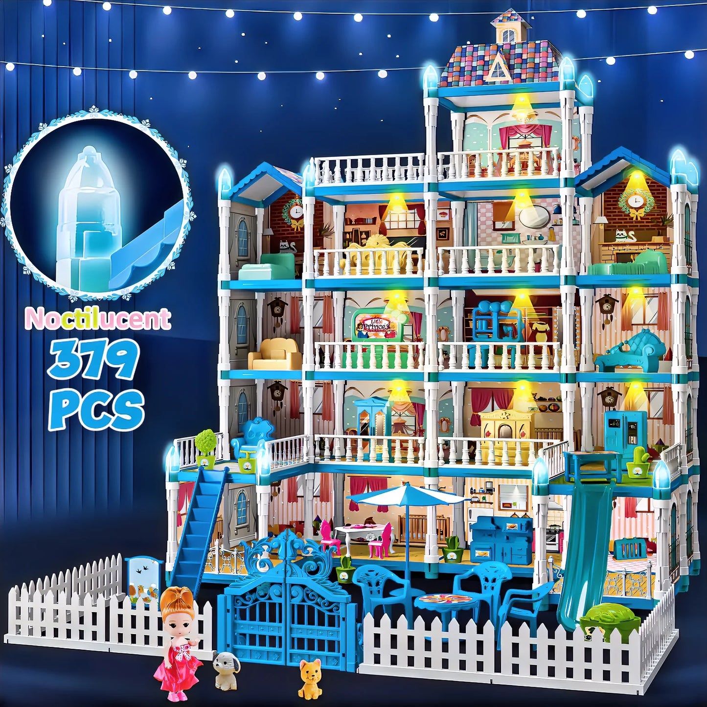 379 Pcs Princess Dollhouse for Girls, Light up Frozen Garden DIY Set, 17 Rooms w/ Doll, Puppies, Furniture, Accessories, Toddler Birthday Christmas Playhouse Gift Toys for Girls 3 4 5 6+