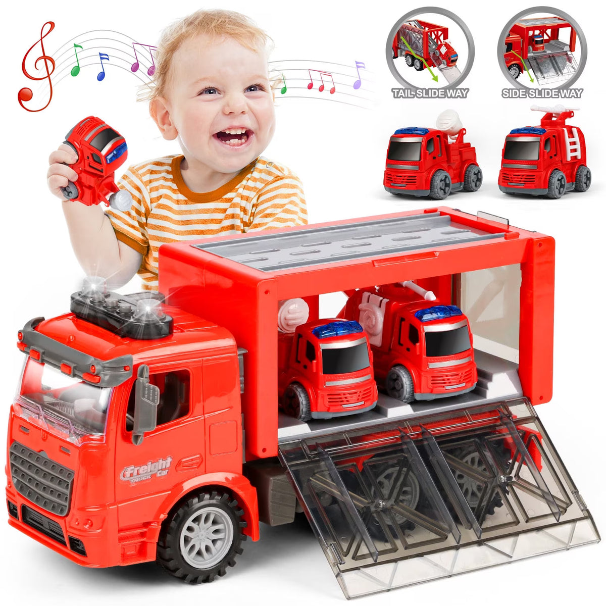 Fire Truck Toys for 3 4 5 Years Old Boys, 3 in 1 Carrier Truck Toys with Storage, Light and Sound, Christmas Birthday Gift For Kids Boys 2 3 4 5 6 Years.