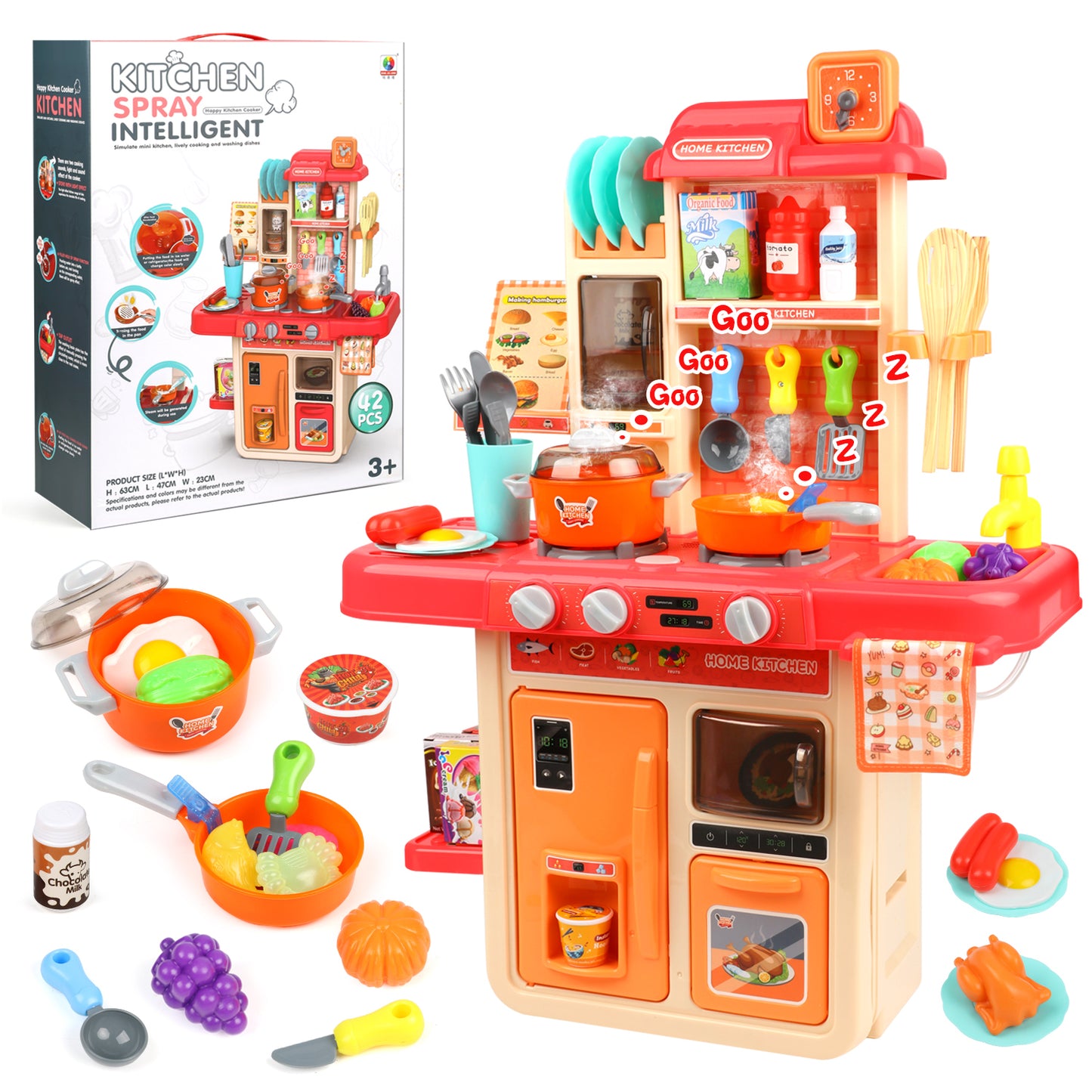 42PCS Play Kitchen Set for Kids Girls 3 4 5 6 Years, with Realistic Lights and Sounds, Simulation of Spray, Toy Kitchen Set for Toddlers Birthday Christmas Gifts for Girls.